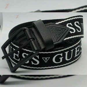 GUESS SPORT POLYESTER BELT MEN ADJUSTABLE REPEAT LOGO PRINT SIZ XL (42-44) BLACK